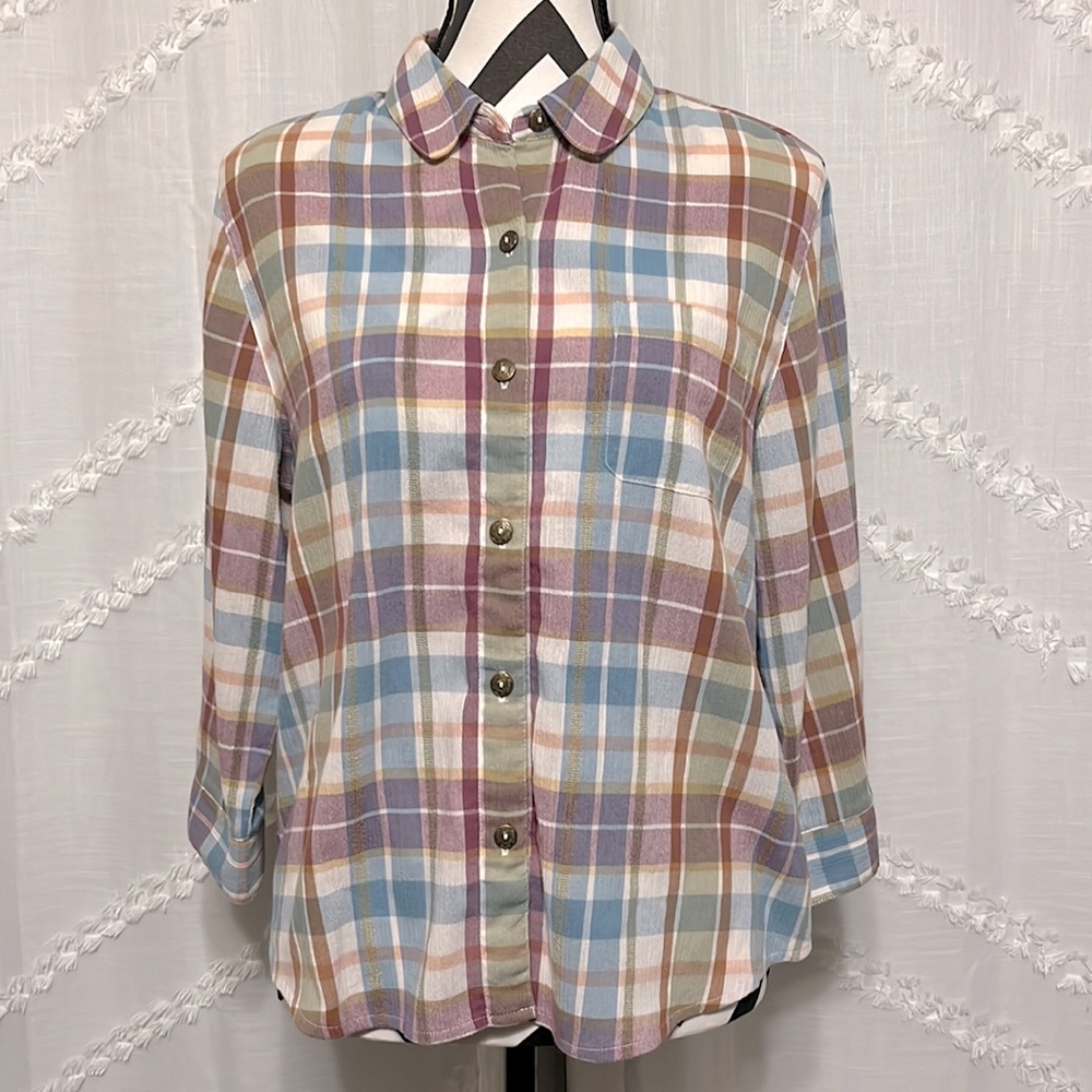 Alfred Dunner Plaid Antique Button 3/4 Long Sleeve Size 14 Petite